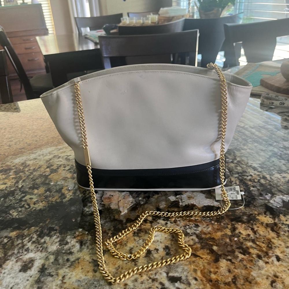 SALVATORE FERRAGAMO Cream Leather / Black Patent / Gold Chain Purse. VINTAGE!!